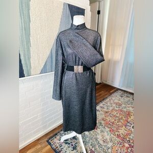 Piazza Sempione Wool Black Sparkly Zip Back Mock Neck Dress